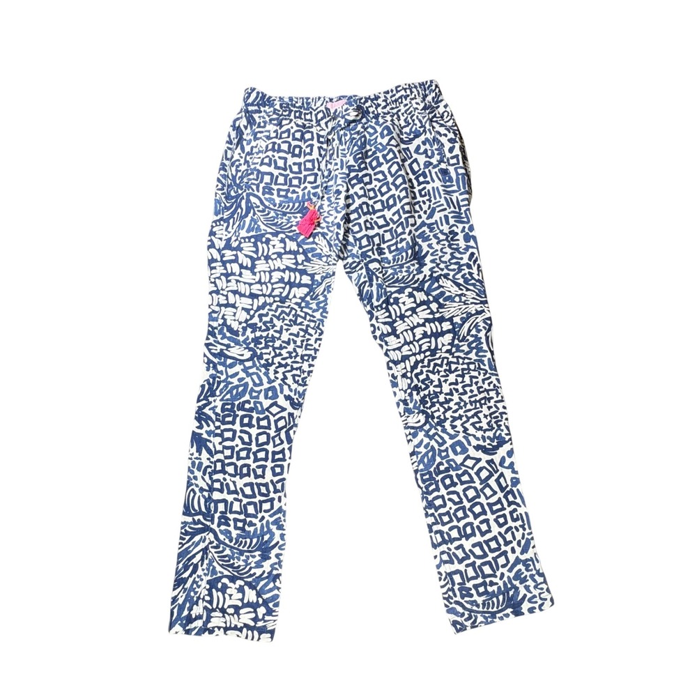 Lilly Pulitzer Blue White Abstract Linen Beach Pants Tassel Drawstring Medium
